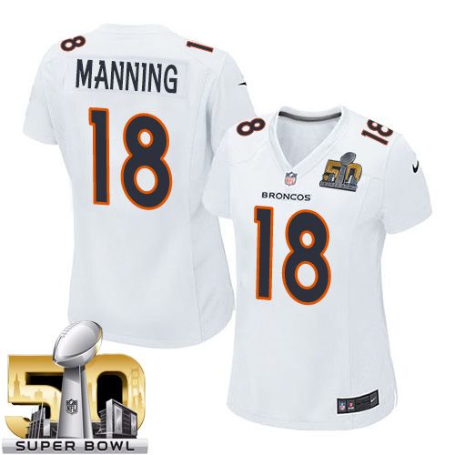Nike Broncos #18 Peyton Manning White Super Bowl 50 Women's Stitched NFL Game Event Jersey
